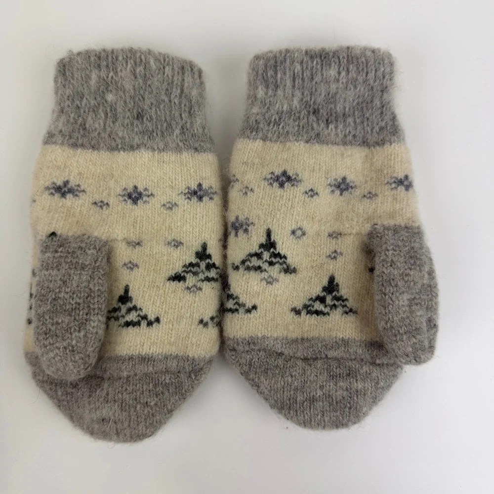 Kids Wool Hand Knit Unisex Mittens Nordic Deer & Tree Pattern Gray Cream Age 4–5